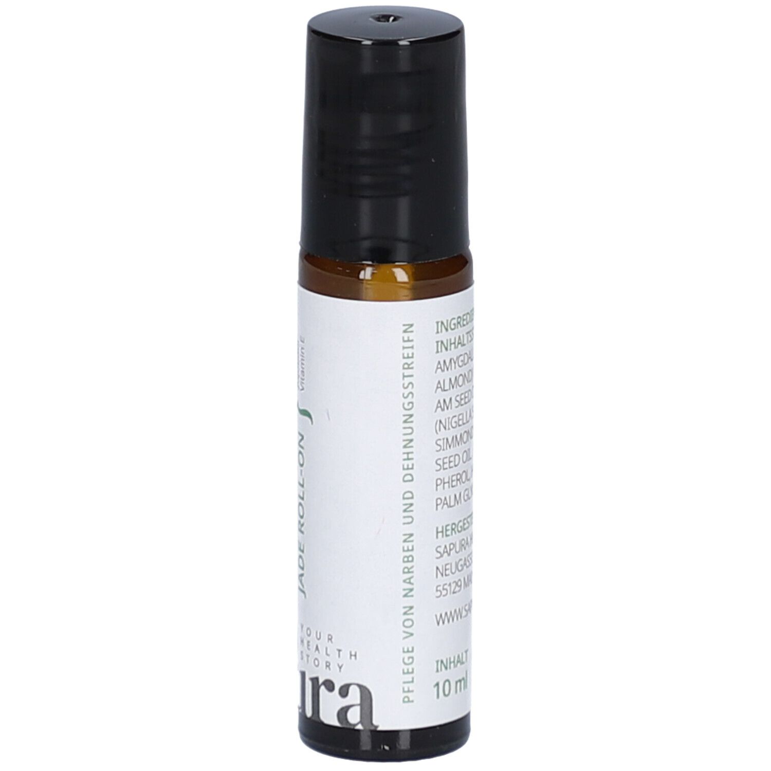 Flacone roll-on con tappo nero. Scritta: Cura delle cicatrici e delle smagliature. Marchio: sapura. Contenuto: 10 ml.