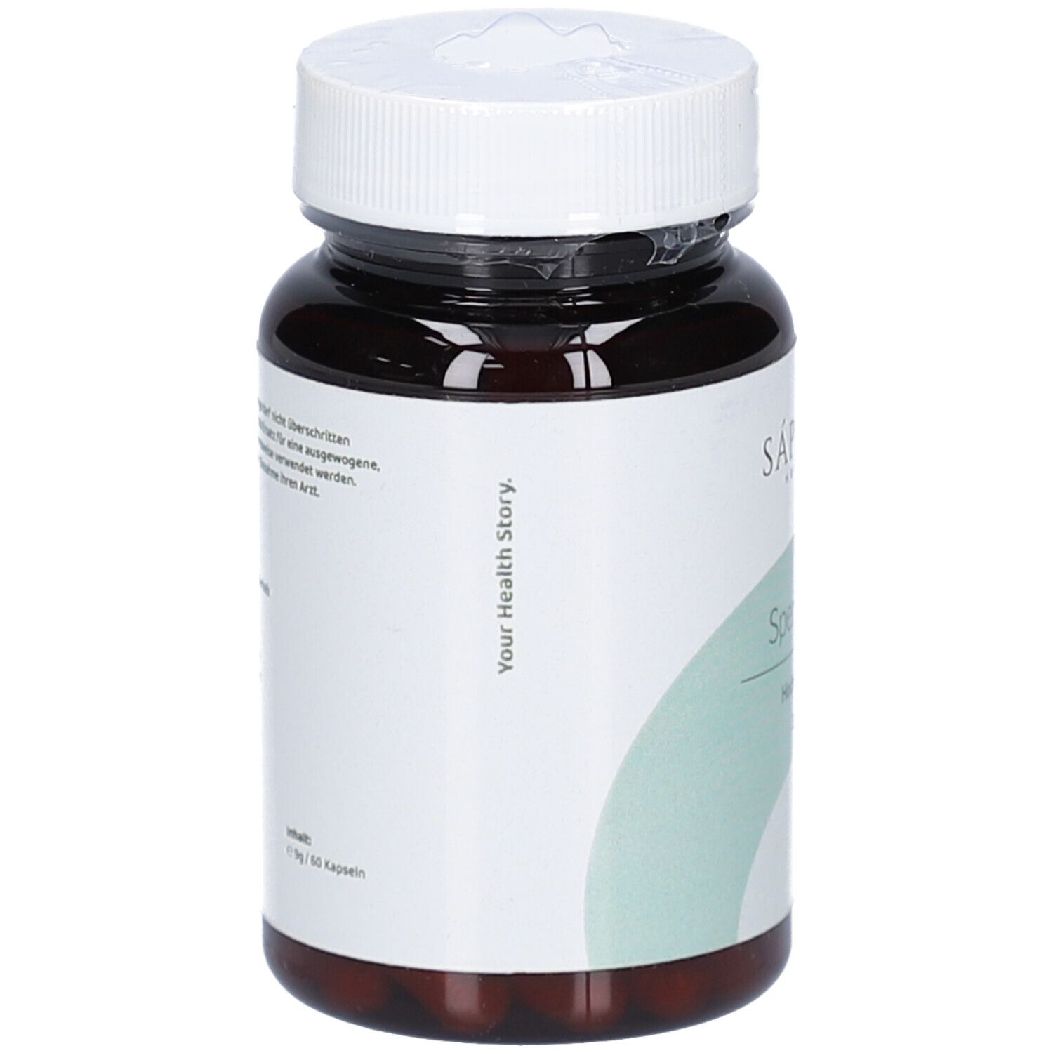 Flacone marrone, vista laterale. Etichetta con testo e "Your Health Story".