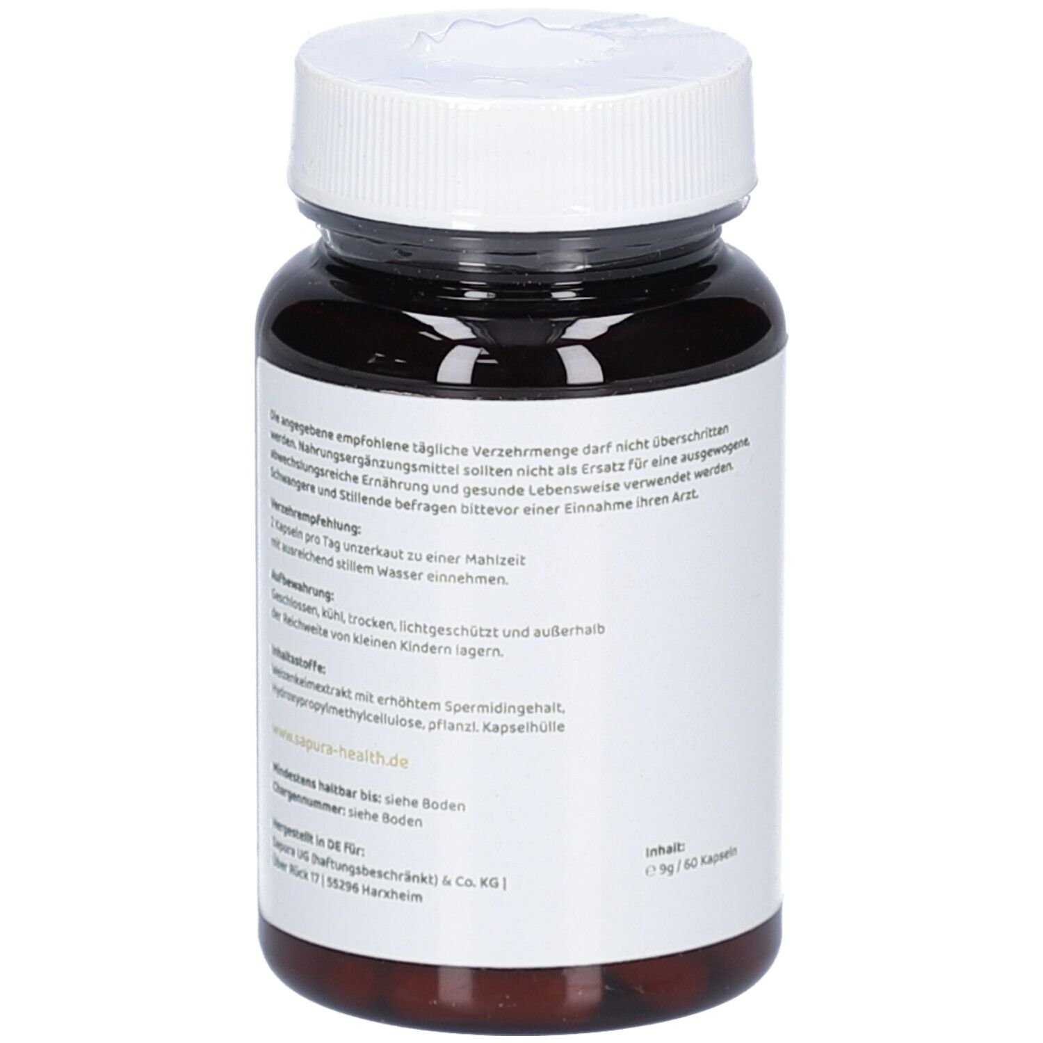 Flacone marrone, retro. Etichetta con testo, ingredienti e informazioni produttore.