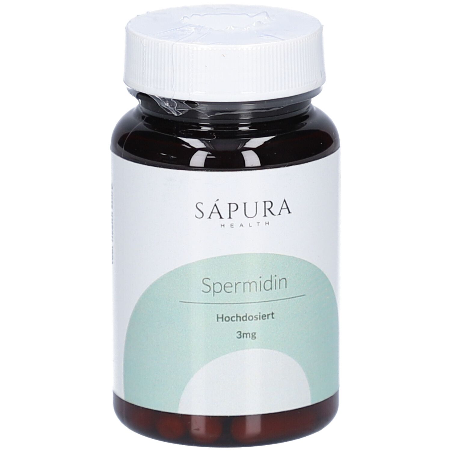 Flacone marrone con tappo bianco. Etichetta con "SAPURA", "Spermidin", "3mg".