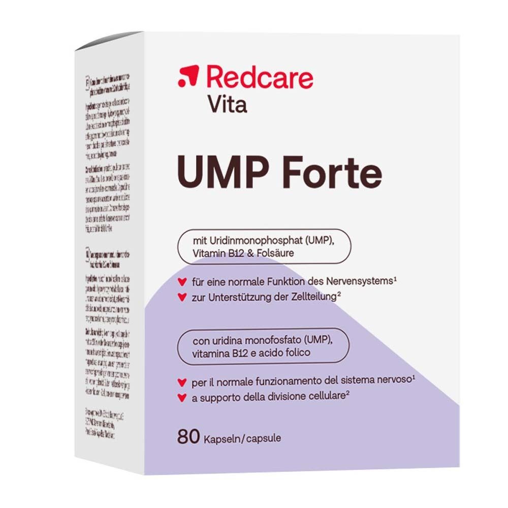 Scatola Redcare Vita UMP Forte. Contiene 80 capsule. Scritta: UMP Forte, con Uridina monofosfato, Vitamina B12 e acido folico.