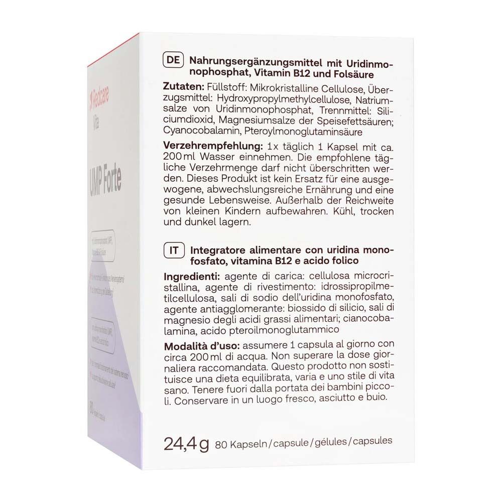 Retro della scatola Redcare Vita UMP Forte. Contiene informazioni su ingredienti, dosaggio e valori nutrizionali in tedesco e italiano.