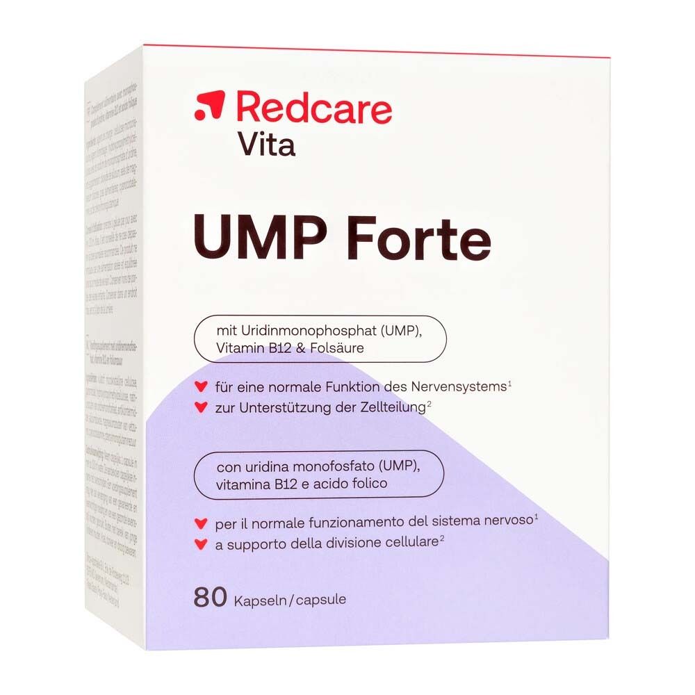 Confezione Redcare Vita UMP Forte. Contiene 80 capsule. Contiene uridina monofosfato, vitamina B12 e acido folico.