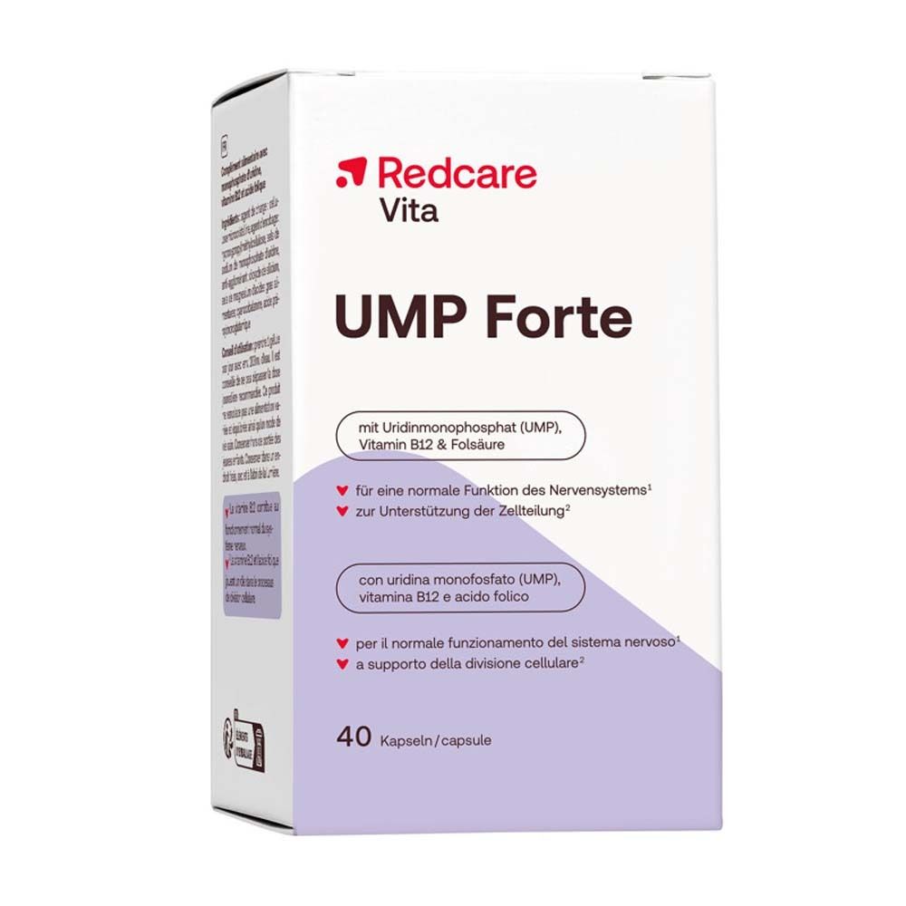 Scatola di Redcare Vita UMP Forte, 40 capsule. Contiene UMP, vitamina B12 e acido folico. Per funzione nervosa e divisione cellulare.