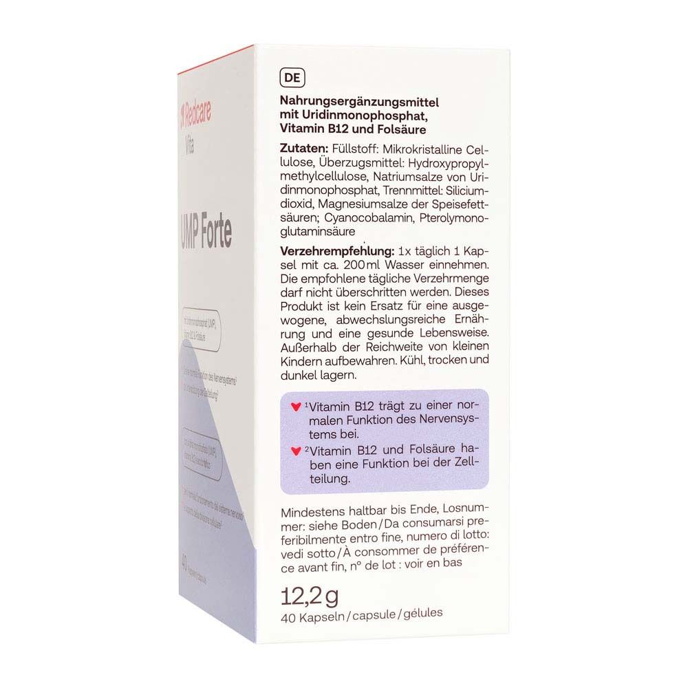 Retro della scatola Redcare Vita UMP Forte. Ingredienti, dosaggio e avvertenze.