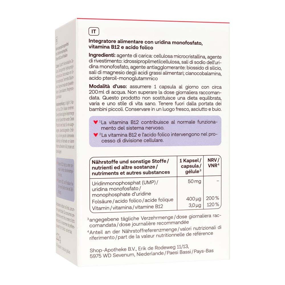 Retro della scatola Redcare Vita UMP Forte. Ingredienti, dosaggio e avvertenze.