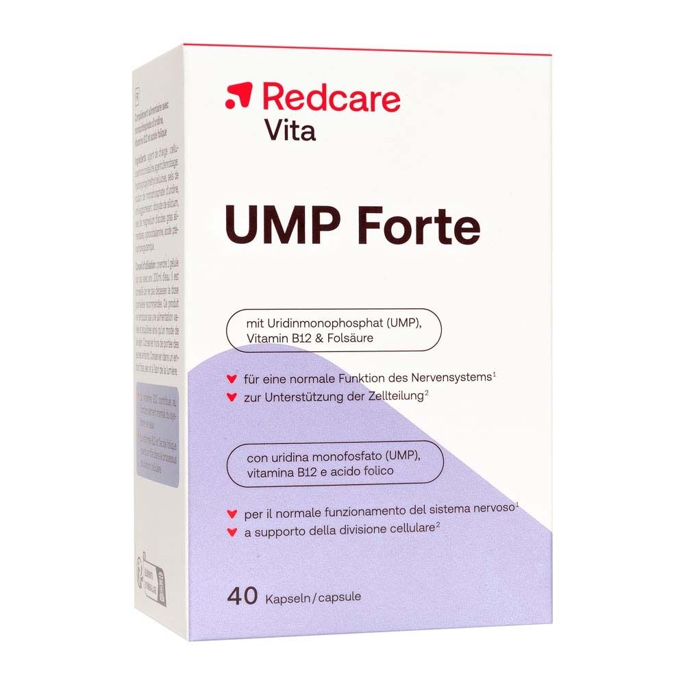 Scatola Redcare Vita UMP Forte. Contiene UMP, vitamina B12 e acido folico. 40 capsule.