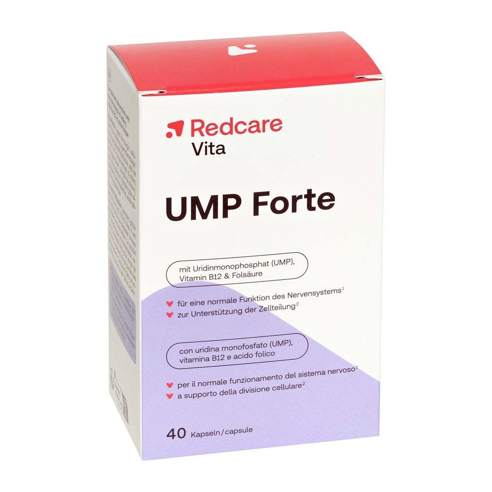 Scatola Redcare Vita UMP Forte. Contiene UMP, vitamina B12 e acido folico. 40 capsule.