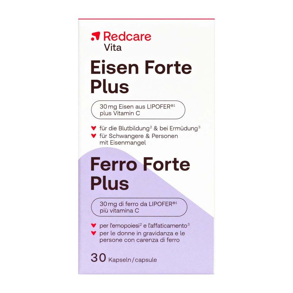 Confezione Redcare Eisen Forte Plus. Contiene 30 capsule. Scritta: 30mg di ferro più vitamina C.