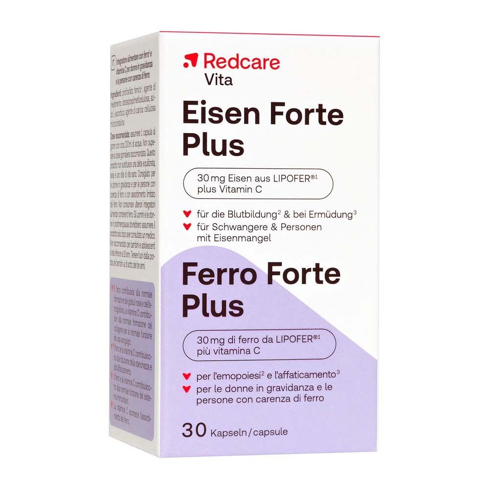 Confezione Redcare Eisen Forte Plus. Contiene 30 capsule. Scritta: 30mg di ferro più vitamina C.