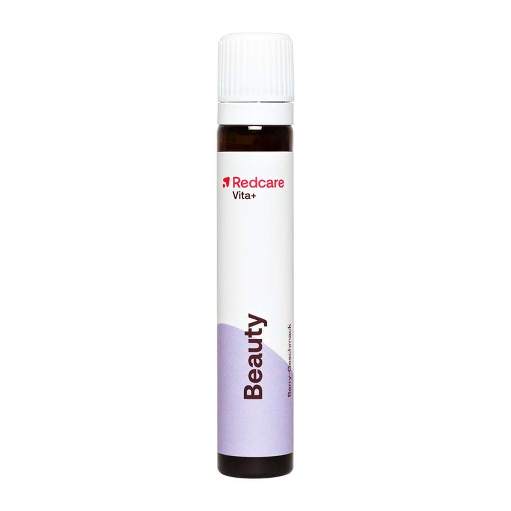 Fiala bevibile Redcare Vita+ Beauty. Etichetta bianca e viola. Scritta Beauty.