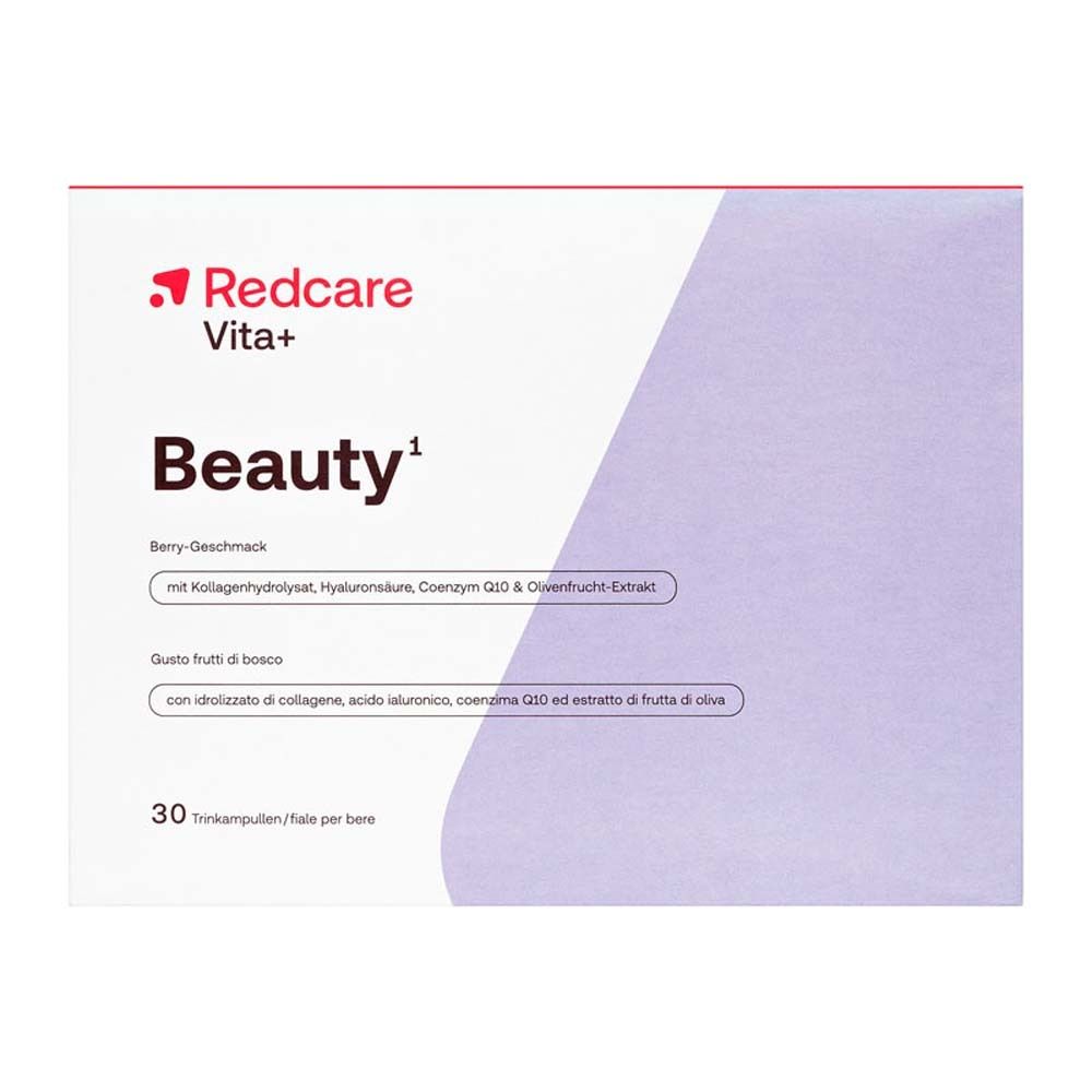 Scatola Redcare Vita+ Beauty. Contiene 30 fiale bevibili. Scritta Beauty.
