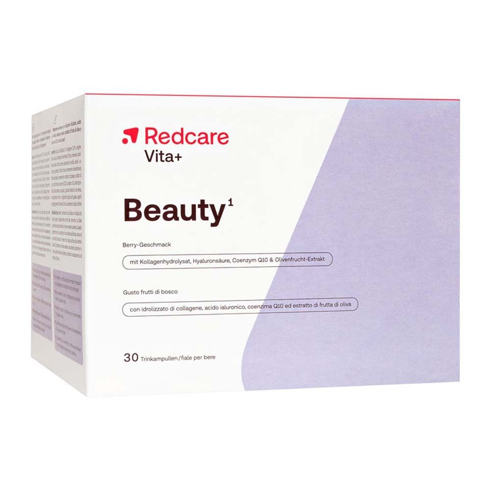 Scatola Redcare Vita+ Beauty. Contiene 30 fiale bevibili. Scritta Beauty.