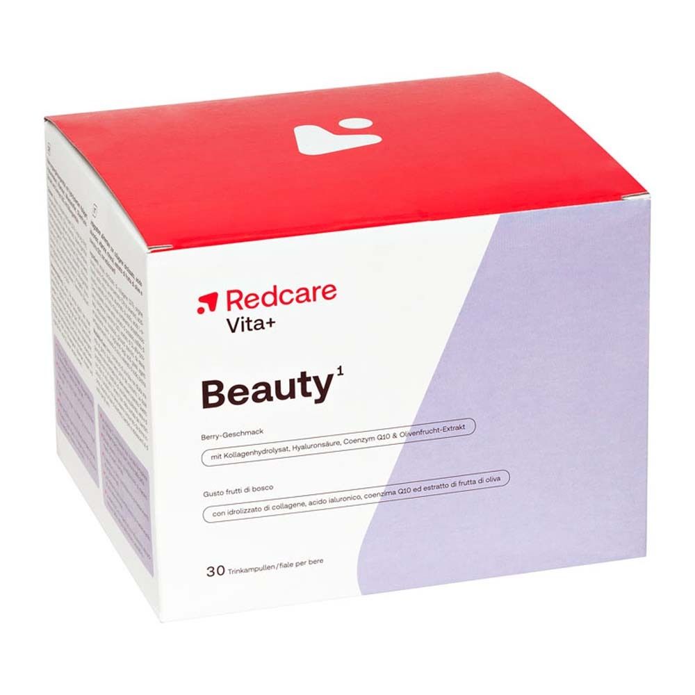 Scatola Redcare Vita+ Beauty. Parte superiore rossa. Contiene 30 fiale bevibili. Scritta Beauty.