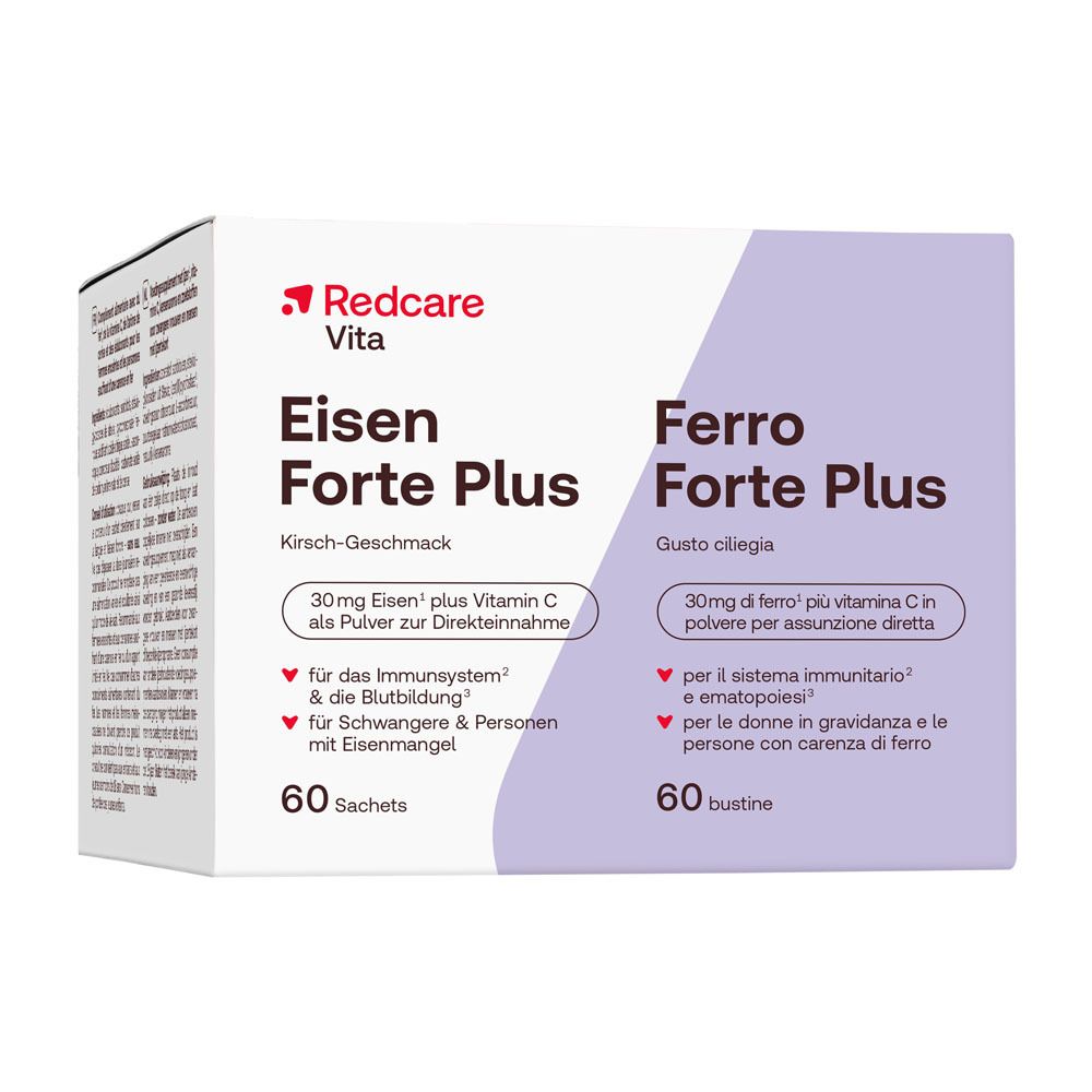Scatola Redcare Vita Ferro Forte Plus. Contiene 60 bustine. Scritto: 30mg di ferro più vitamina C, gusto ciliegia.