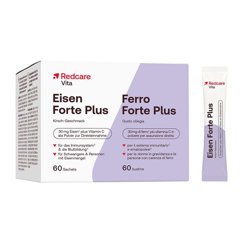 Confezione Redcare Vita Ferro Forte Plus con bustina. Scritto: 30mg di ferro più vitamina C, gusto ciliegia. 60 bustine.