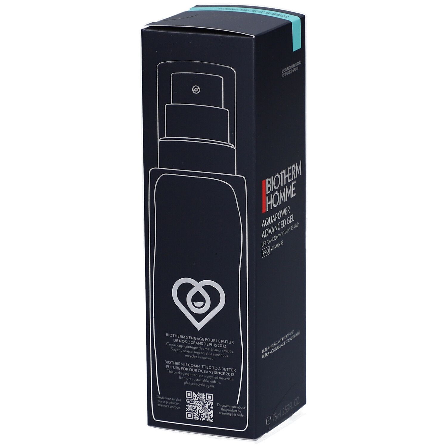 Confezione blu scuro. Biotherm Homme Aquapower Advanced Gel. Illustrazione di una bottiglia. Codice QR.