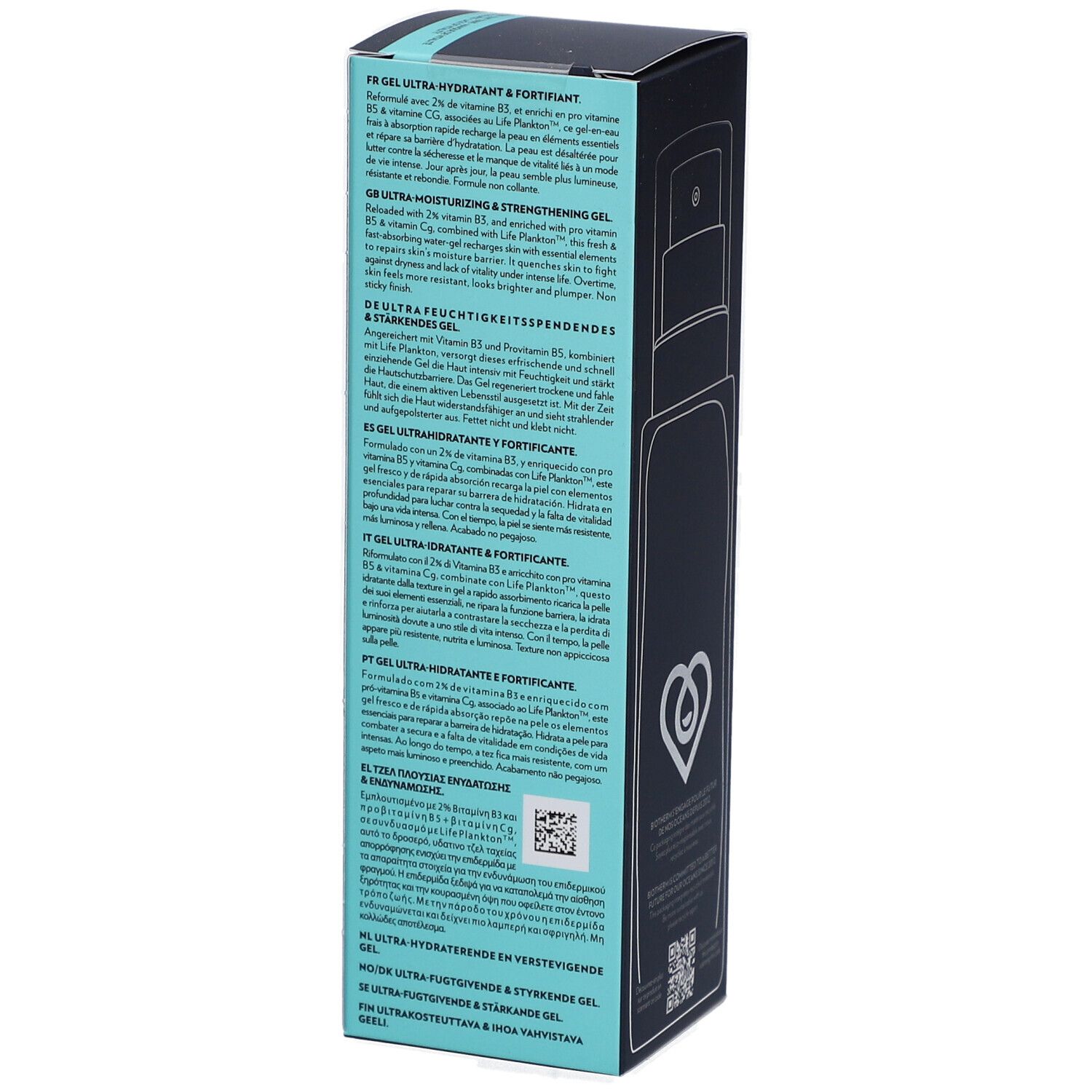 Confezione blu scuro. Testo multilingue. Biotherm Homme Aquapower Advanced Gel. Codice QR.