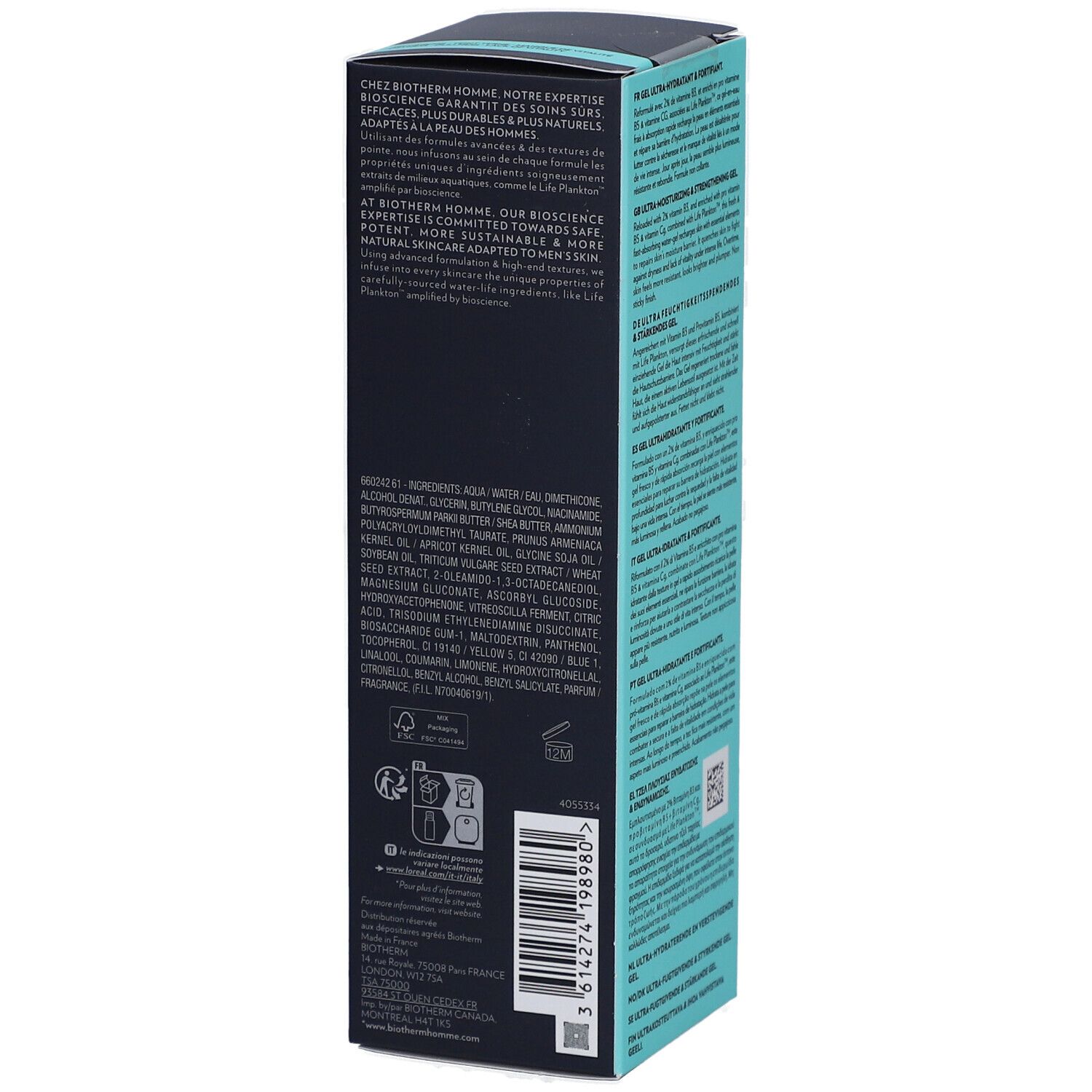 Confezione blu scuro. Testo multilingue. Ingredienti. Codice QR. Biotherm Homme.