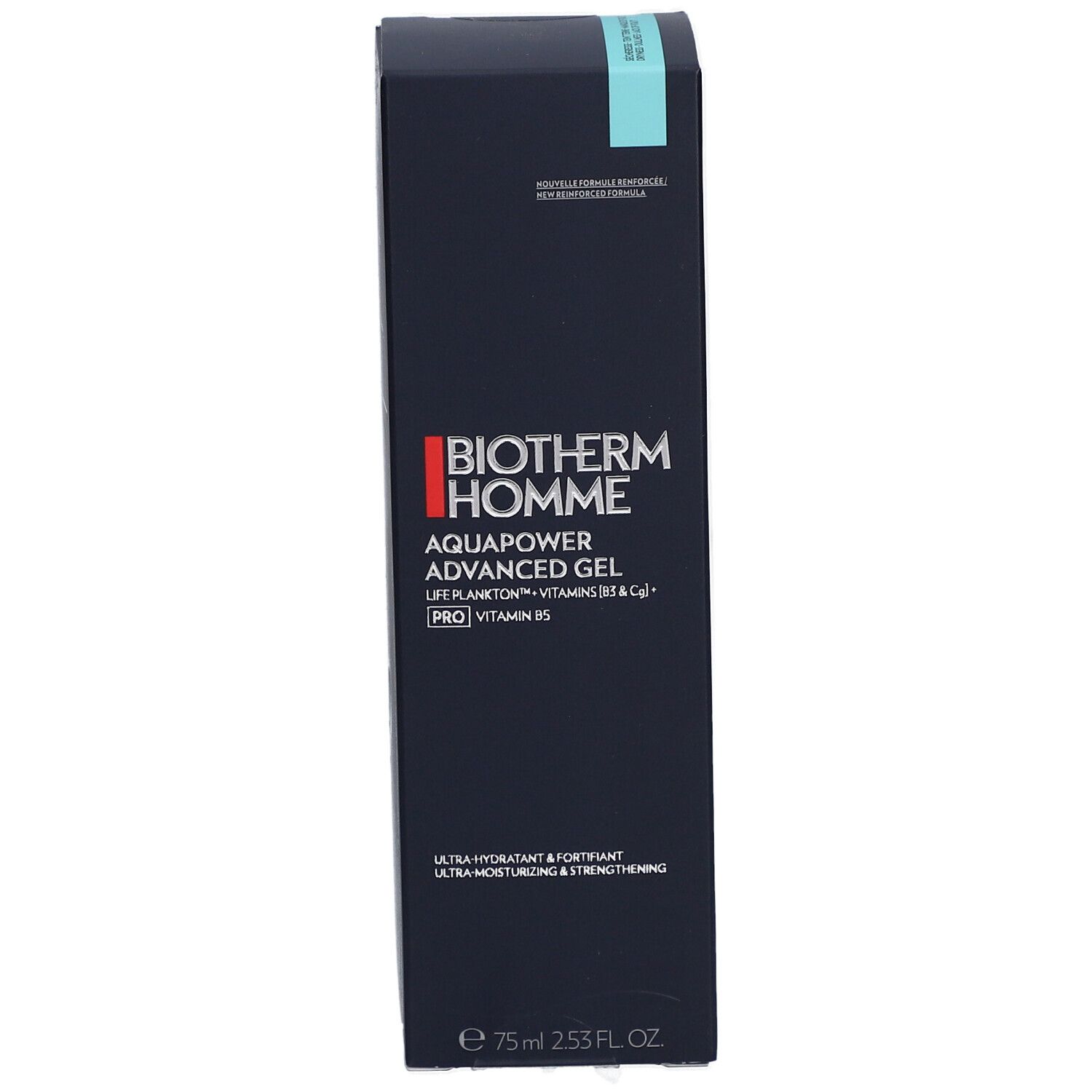 Confezione blu scuro. Biotherm Homme Aquapower Advanced Gel. Testo: Ultra idratante e fortificante. 75ml.