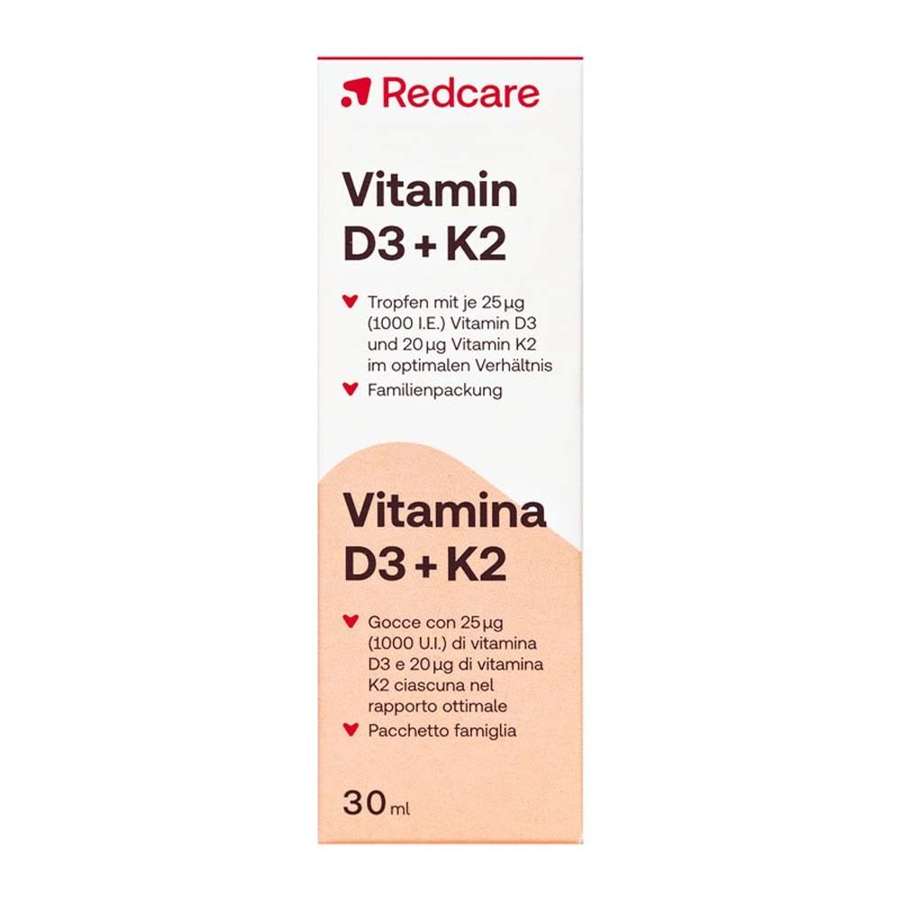 Confezione con "Redcare Vitamin D3 + K2" e 30ml. Testo in tedesco e italiano.