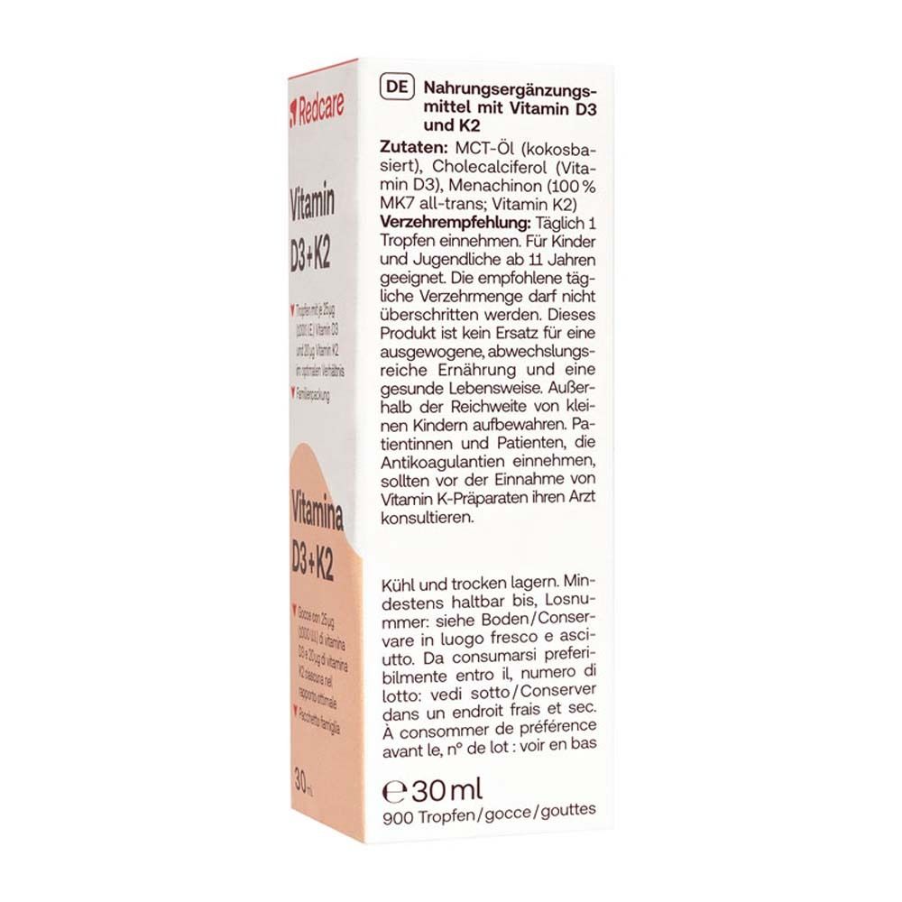 Confezione con "Redcare Vitamin D3 + K2" e 30ml. Testo in tedesco e italiano.