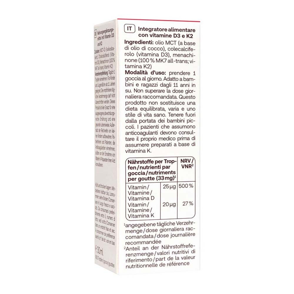 Confezione con "Redcare Vitamin D3 + K2" e 30ml. Testo in tedesco e italiano.