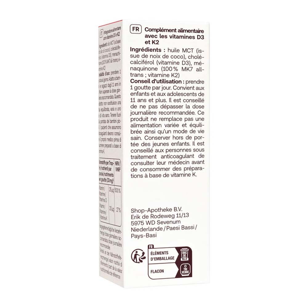 Confezione con "Redcare Vitamin D3 + K2" e 30ml. Testo in tedesco e italiano.