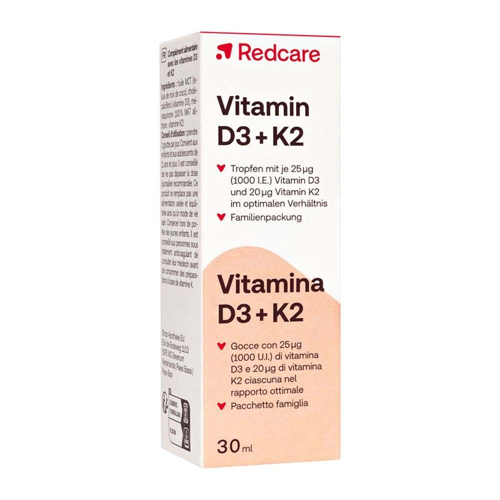 Confezione con "Redcare Vitamin D3 + K2" e 30ml. Testo in tedesco e italiano.