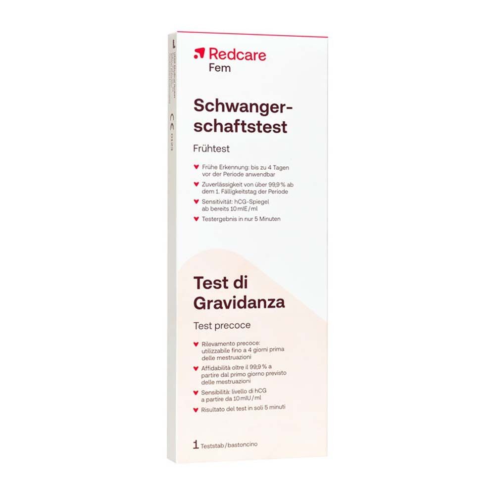 Confezione del test di gravidanza Redcare Fem. Testo: Test di gravidanza, test precoce, Test di Gravidanza.