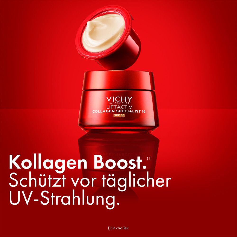 Vichy Liftactiv Collagen Specialist 16 SPF50 crema. Vaso rosso e ricarica. Testo: Boost di collagene.
