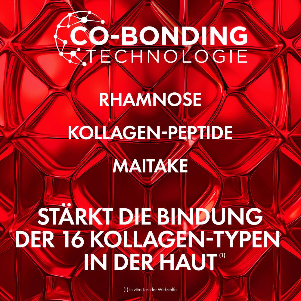 Sfondo rosso con testo. Tecnologia Co-Bonding. Ingredienti: Ramnosio, peptidi di collagene, Maitake.