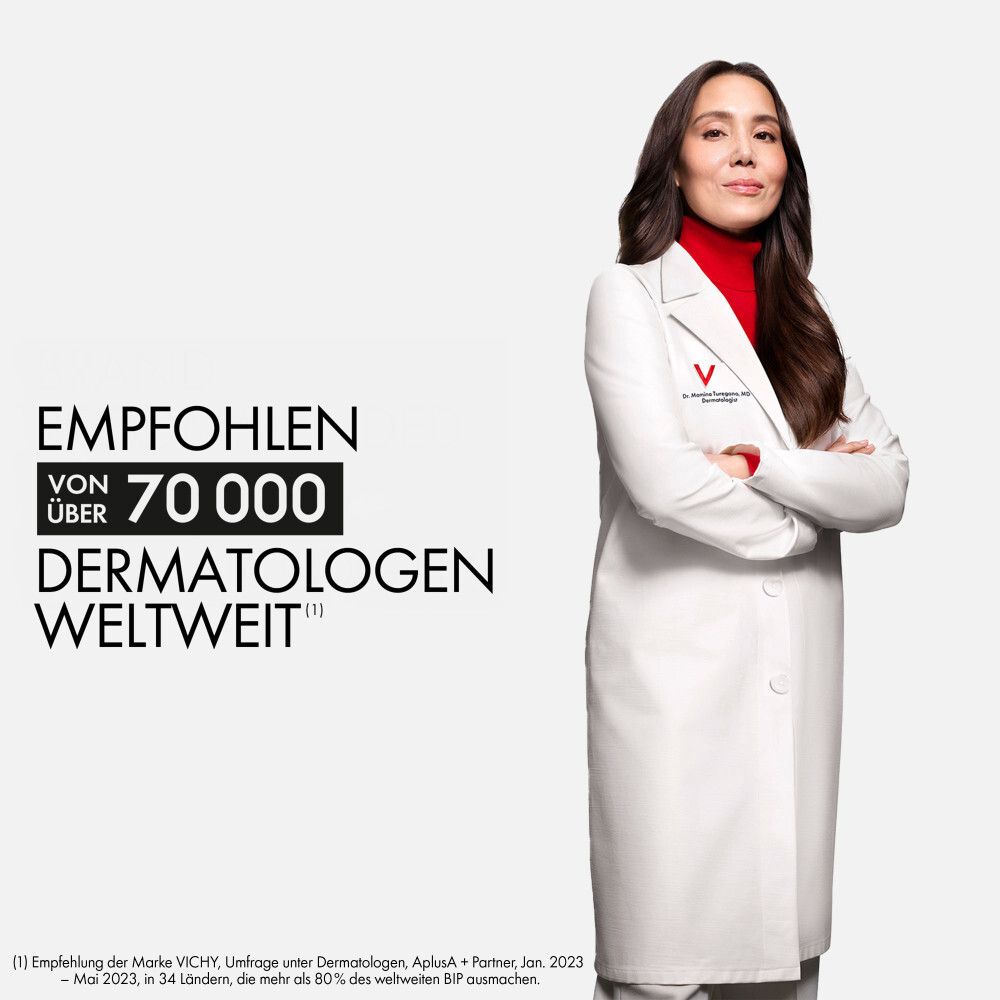 Donna in camice bianco. Testo: Raccomandato da oltre 70.000 dermatologi in tutto il mondo.