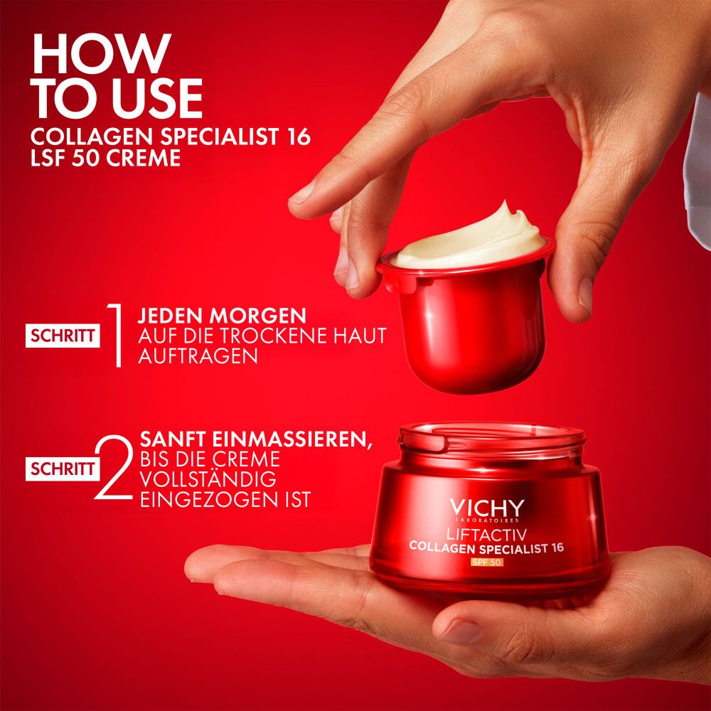 Istruzioni per l'uso. Vichy Liftactiv Collagen Specialist 16 SPF 50 crema. Fase 1: Applicare. Fase 2: Massaggiare.
