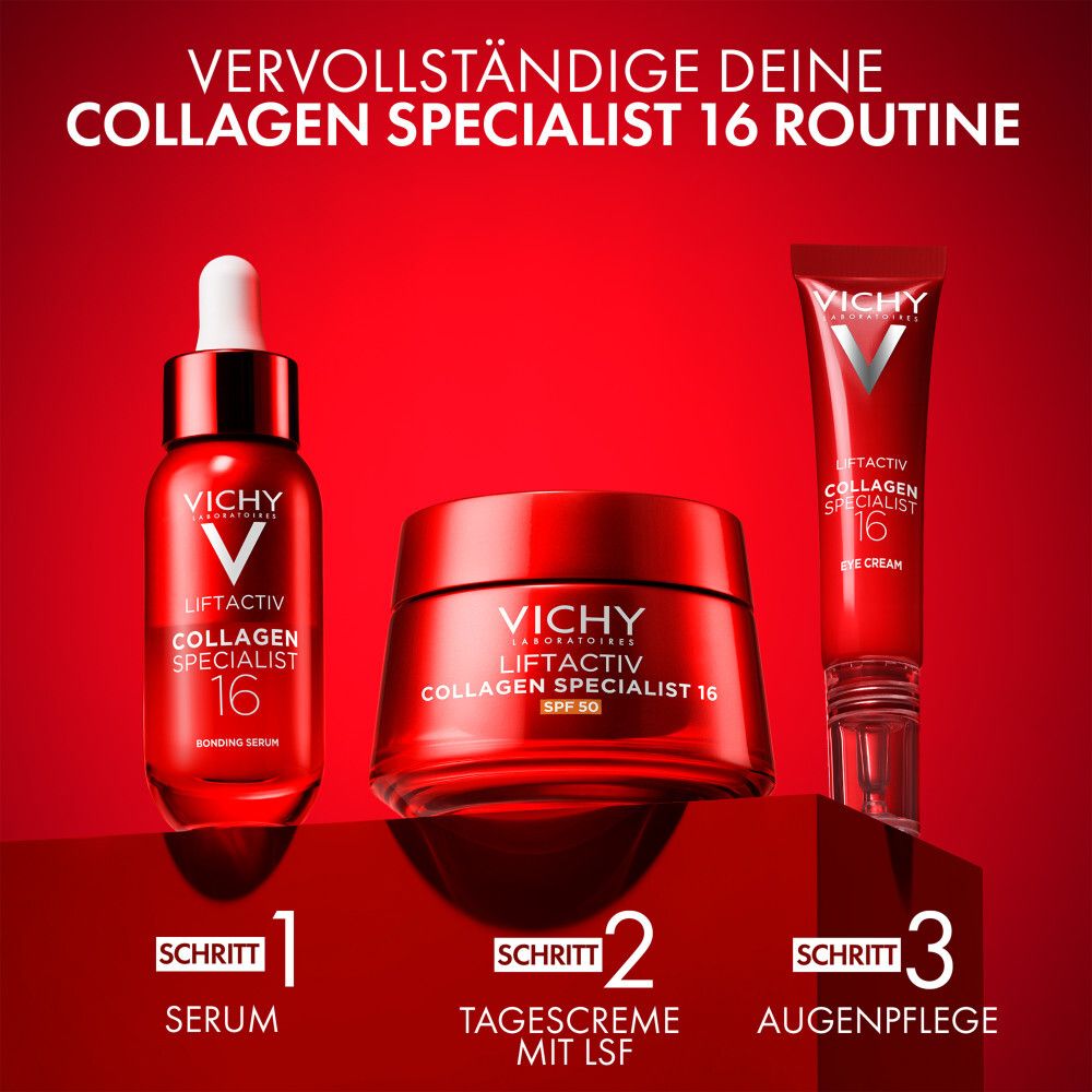 Routine Vichy Liftactiv Collagen Specialist 16. Siero, crema giorno con SPF, contorno occhi. Confezioni rosse.