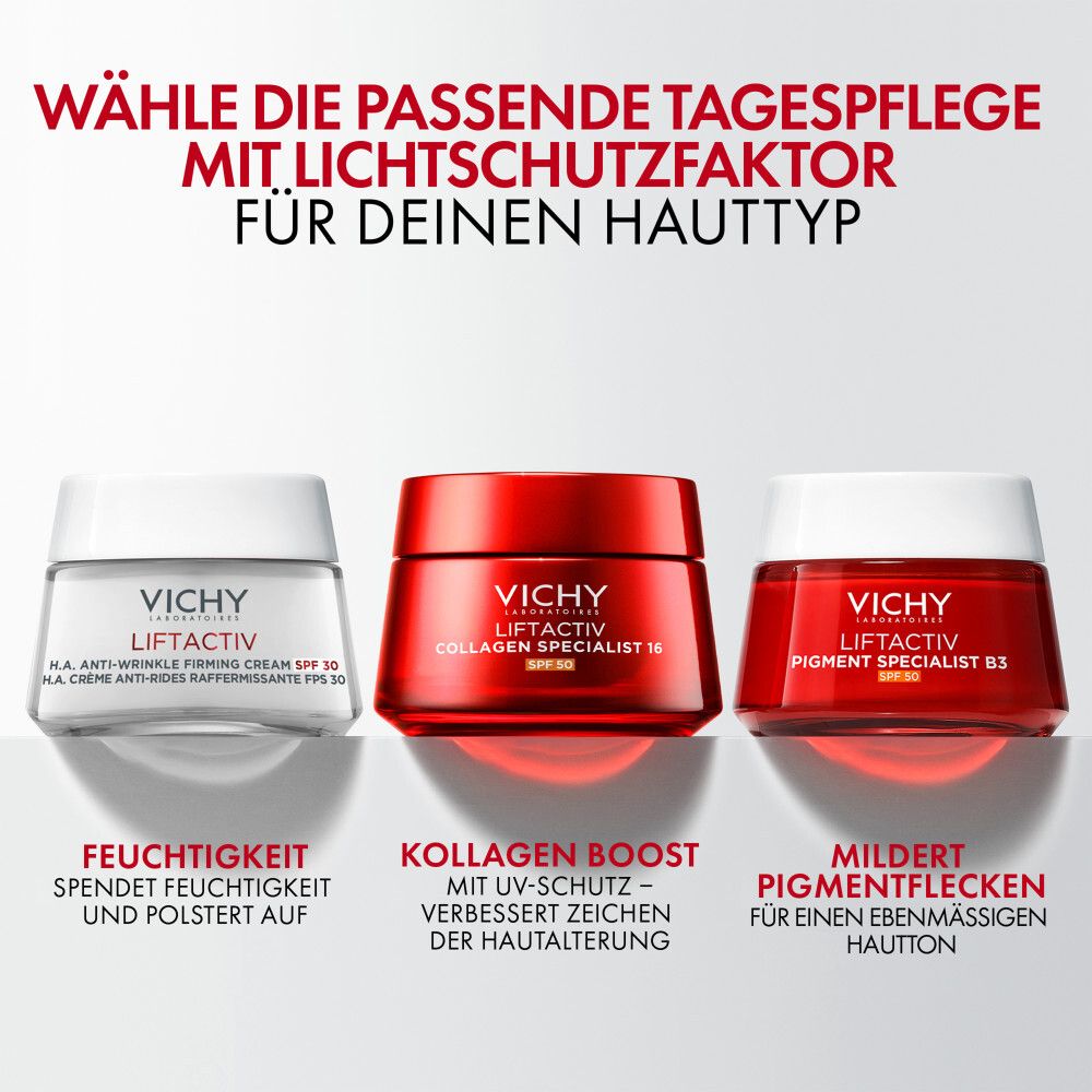 Tre creme. Vichy Liftactiv. Anti-rughe, boost di collagene, macchie pigmentarie. Vasi bianchi e rossi.