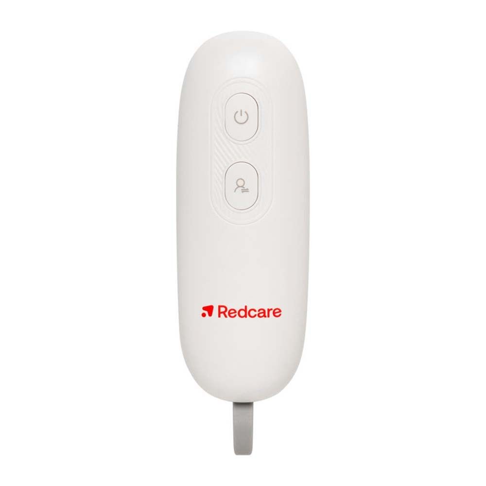 Dispositivo bianco ovale con due pulsanti e un cinturino grigio. Logo Redcare rosso.