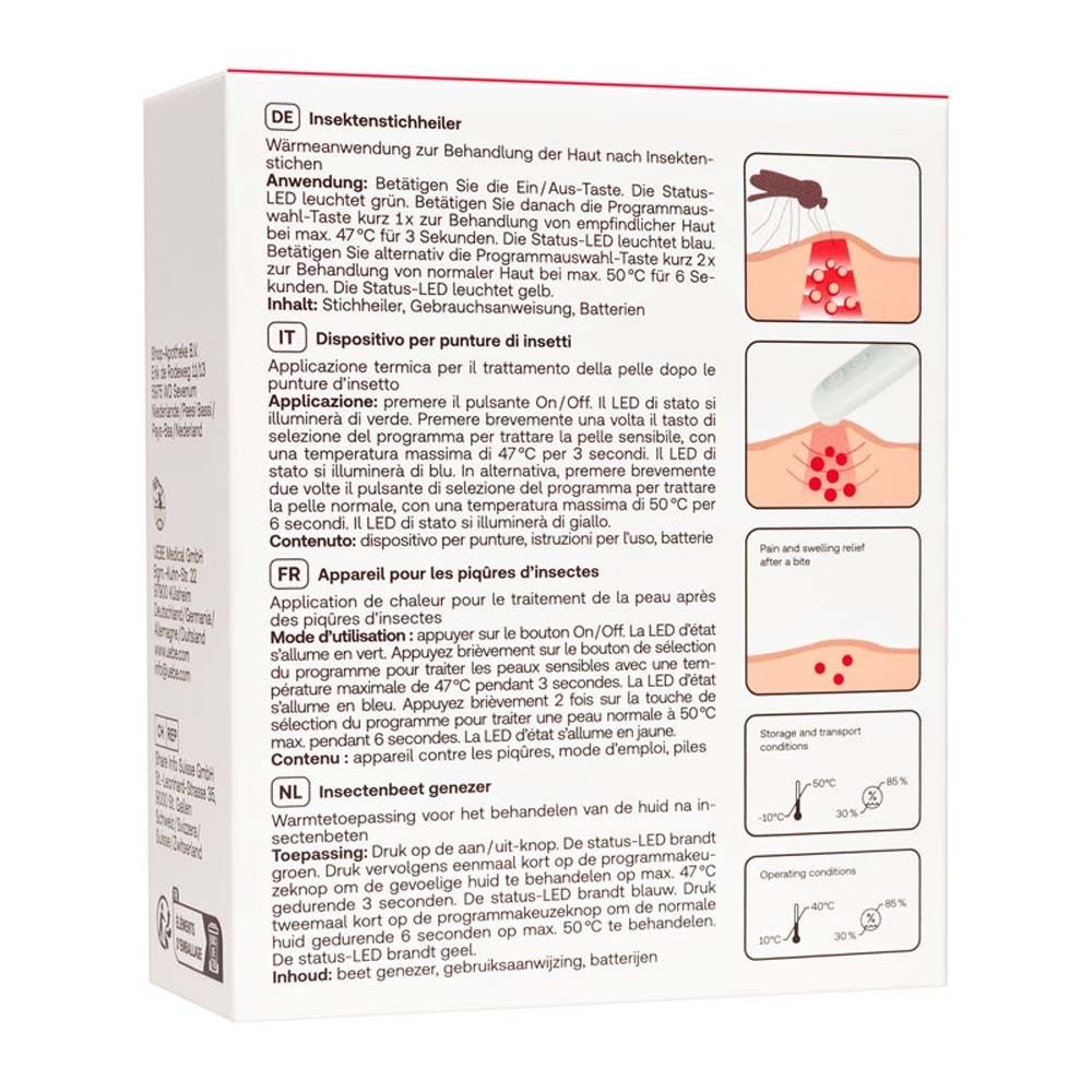 Retro della confezione di Redcare Insektenstichheiler. Testo in tedesco, italiano, francese e olandese.