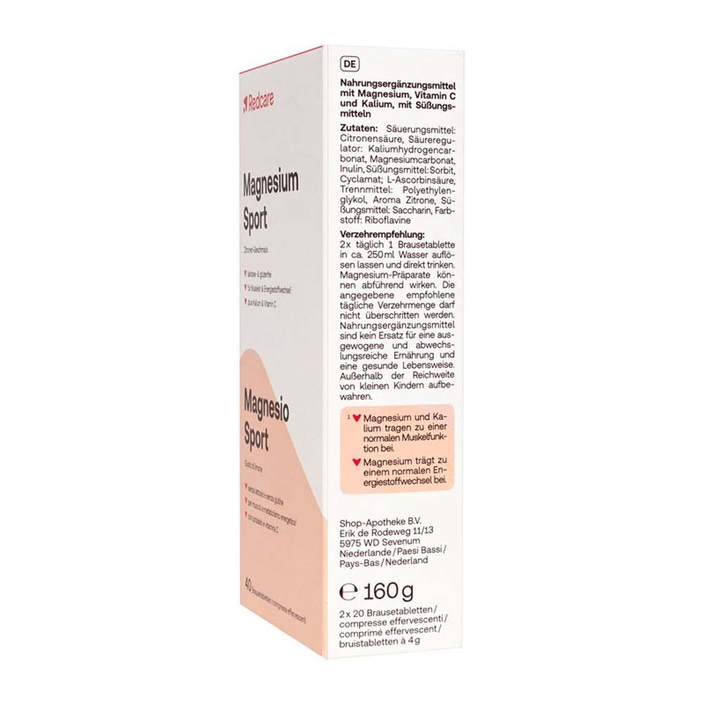 Retro della confezione di compresse effervescenti Magnesium Sport. Testo in tedesco. Ingredienti, istruzioni, informazioni nutrizionali.
