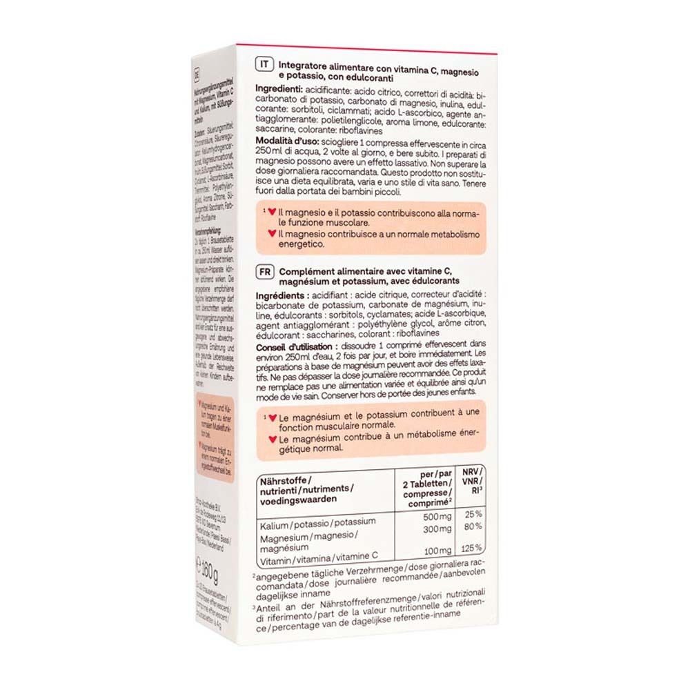 Retro della confezione di compresse effervescenti Magnesium Sport. Testo in italiano. Ingredienti, istruzioni, informazioni nutrizionali.