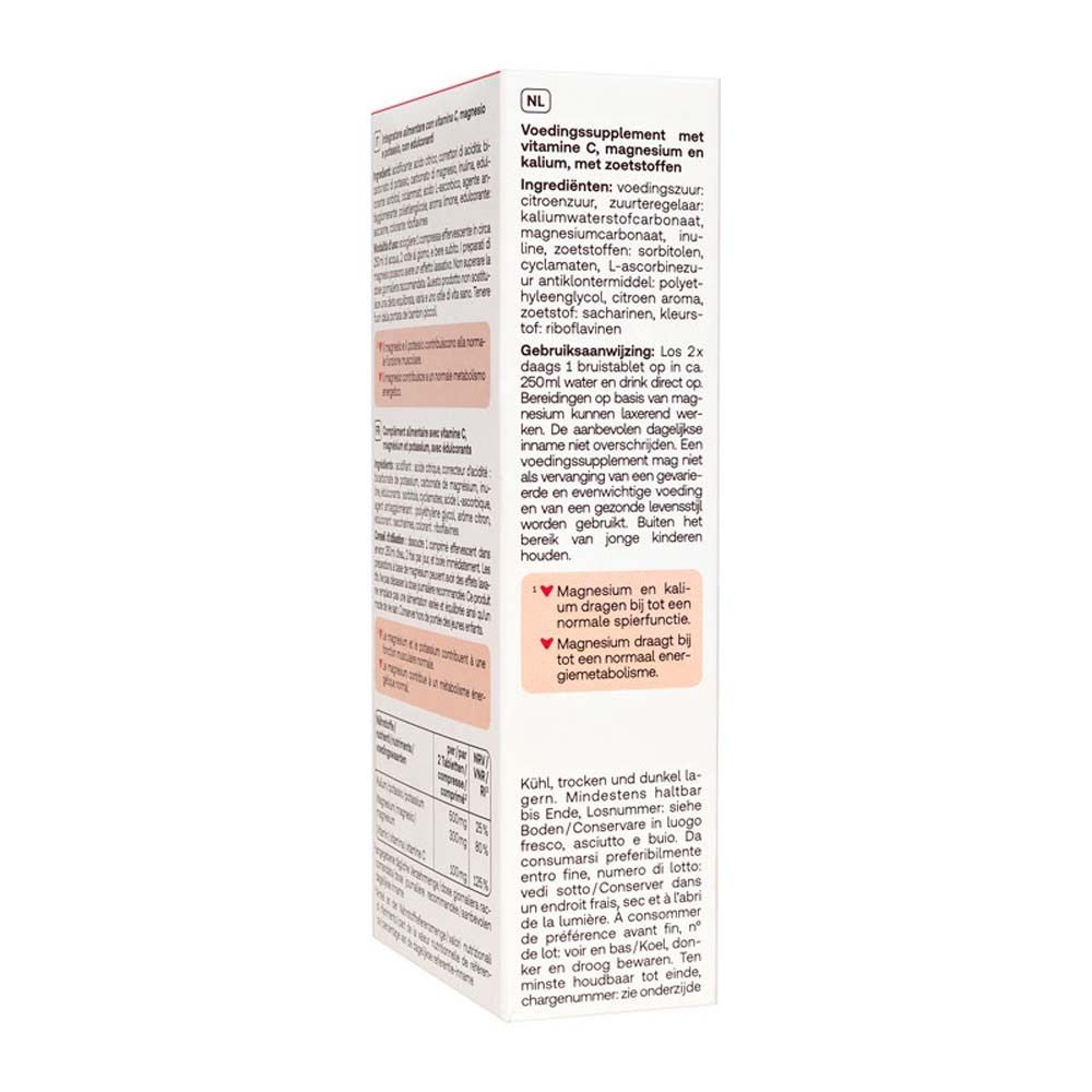 Retro della confezione di compresse effervescenti Magnesium Sport. Testo in olandese. Ingredienti, istruzioni, informazioni nutrizionali.