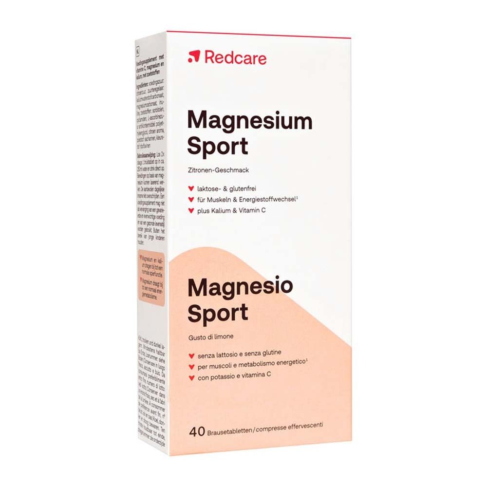 Confezione di compresse effervescenti Magnesium Sport Redcare. Scritto: Magnesium Sport, gusto limone. 40 compresse.