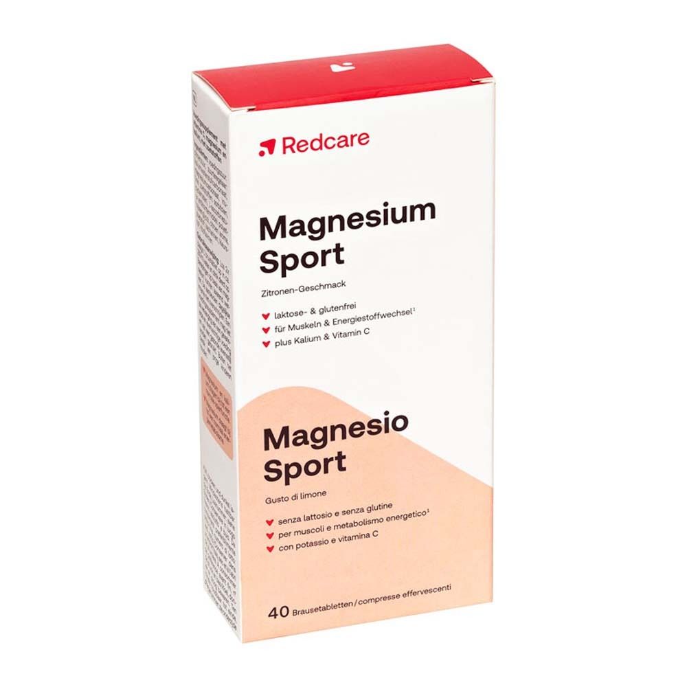 Confezione di compresse effervescenti Magnesium Sport Redcare. Scritto: Magnesium Sport, gusto limone. 40 compresse.