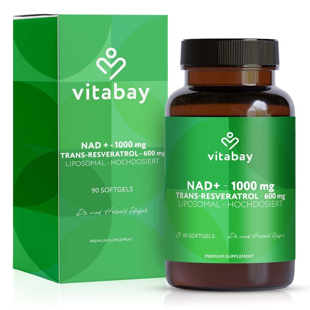 Vitabay NAD+ 1000 mg Trans-Resveratrol 600 mg capsule e scatola pieghevole.