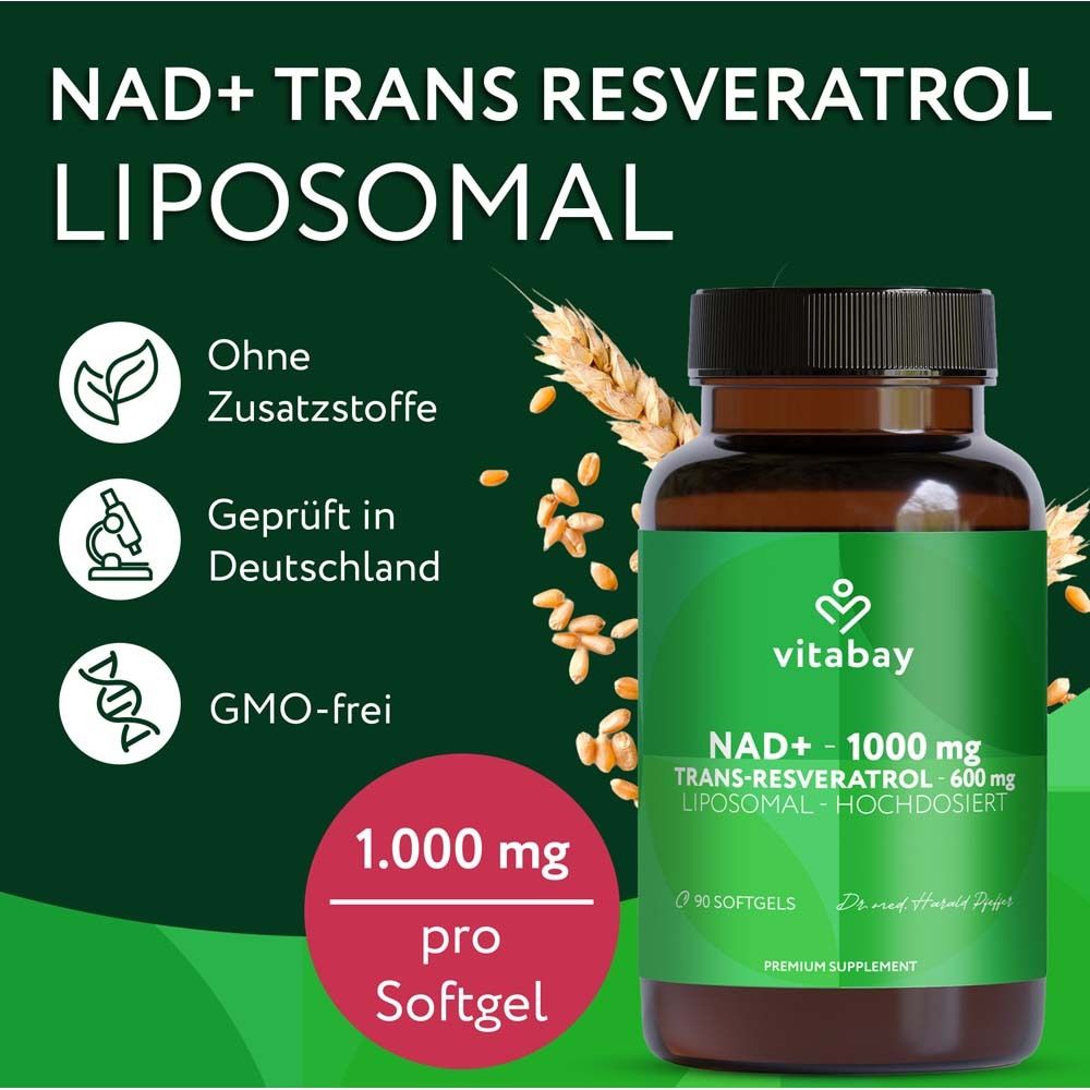 Vitabay NAD+ 1000 mg Trans-Resveratrol 600 mg capsula con sigilli: Senza additivi, Testato in Germania, Senza OGM.