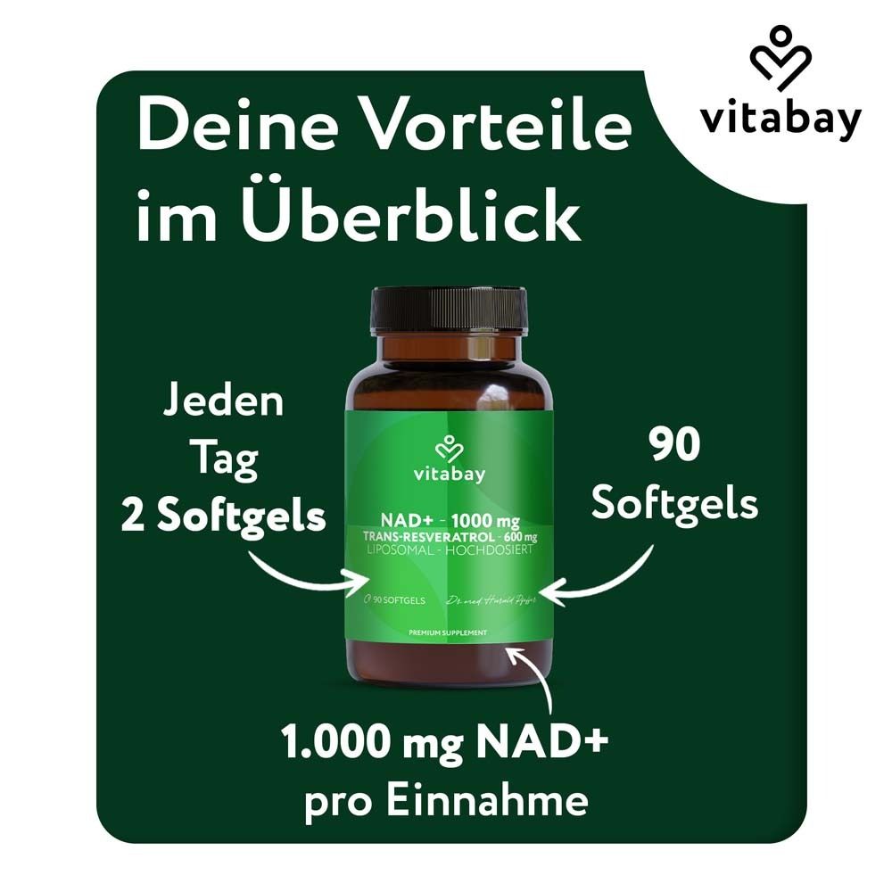 Vitabay NAD+ 1000 mg Trans-Resveratrol 600 mg capsula. Raccomandazione: 2 capsule molli al giorno. Contenuto: 90 capsule molli.