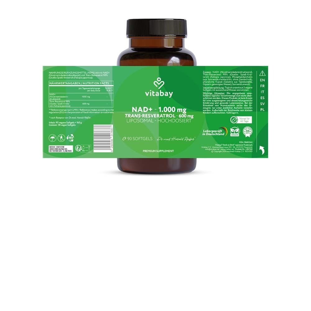 Retro Vitabay NAD+ 1000 mg Trans-Resveratrol 600 mg capsula: Valori nutrizionali, ingredienti, sigilli.