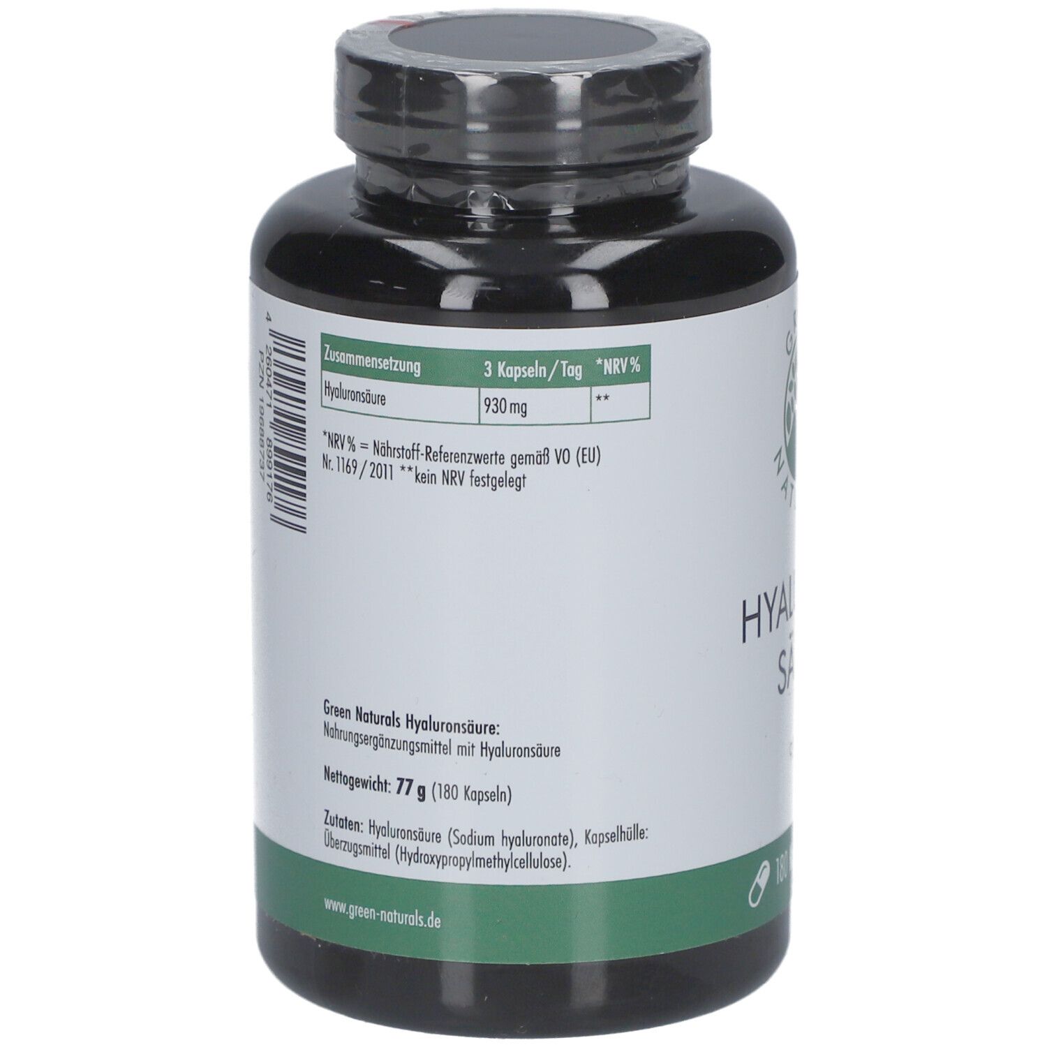 Retro del flacone nero. Etichetta con ingredienti e informazioni nutrizionali. Testo in tedesco.