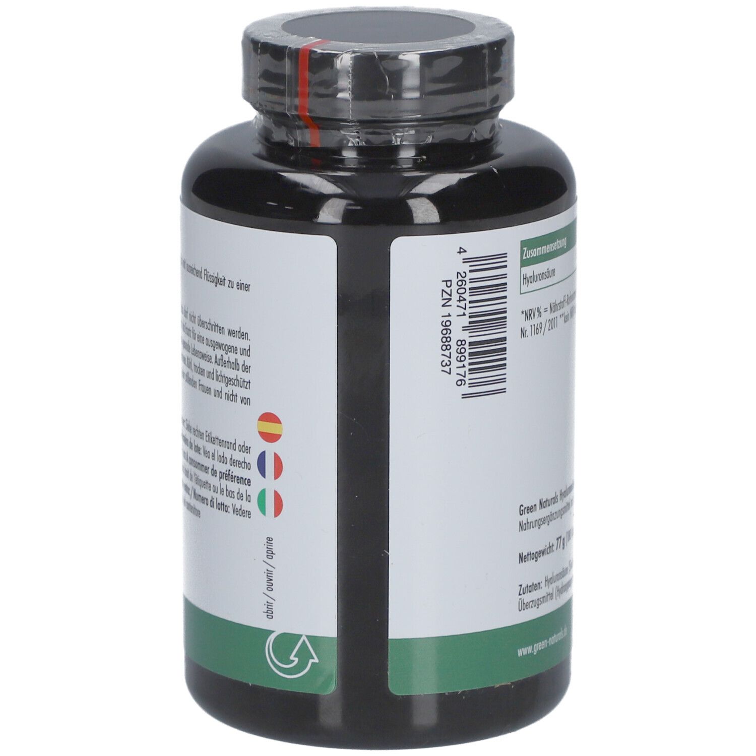 Retro del flacone nero. Etichetta con ingredienti e numero di lotto. Testo in tedesco.