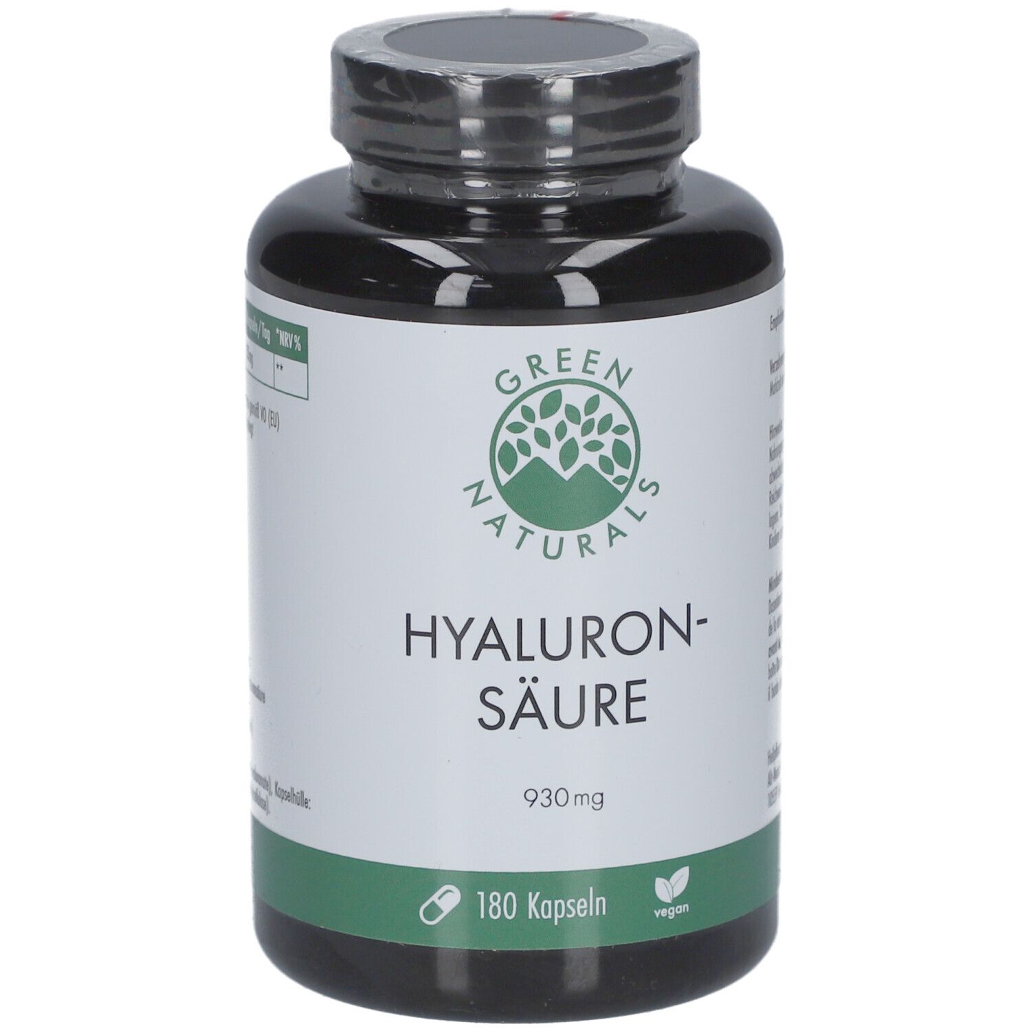 Flacone nero con etichetta verde. Scritta: GREEN NATURALS Hyaluronsäure 930mg, 180 capsule, vegan.